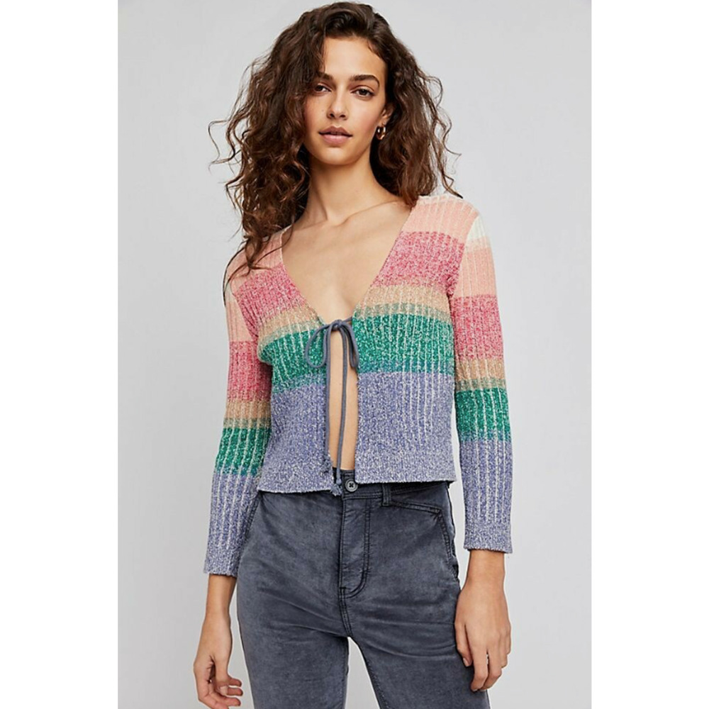 Free People Trouble Maker Cardi Rainbow Sweater Fairy Cardigan Front Tie‎ XS